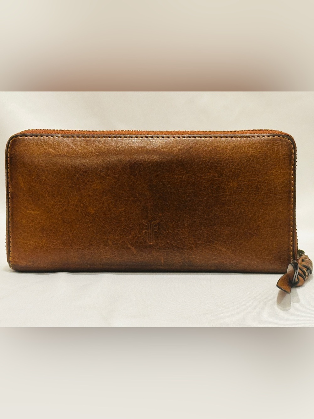 Frye Genuine Leather Zip-Around Wallet Rich Dark Cognac Brown